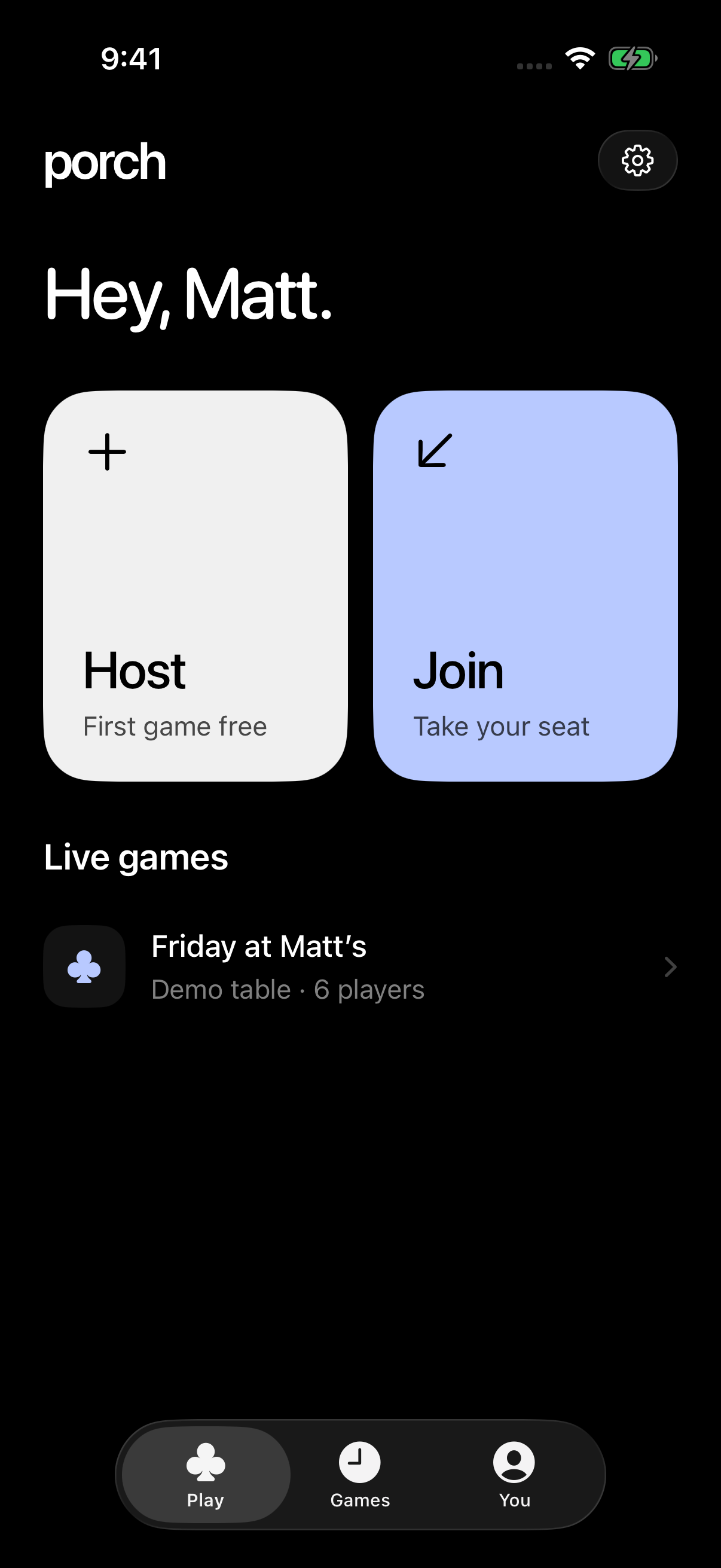 Native Porch app with Host and Join cards and a glass tab bar